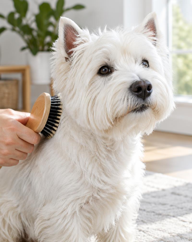 Otra imagen de un Westie relacionada con el cuidado de su inconfundible manto blanco